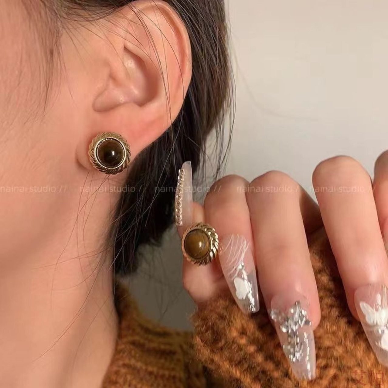 Tiger Eye Vintage Stud Earrings - view 2