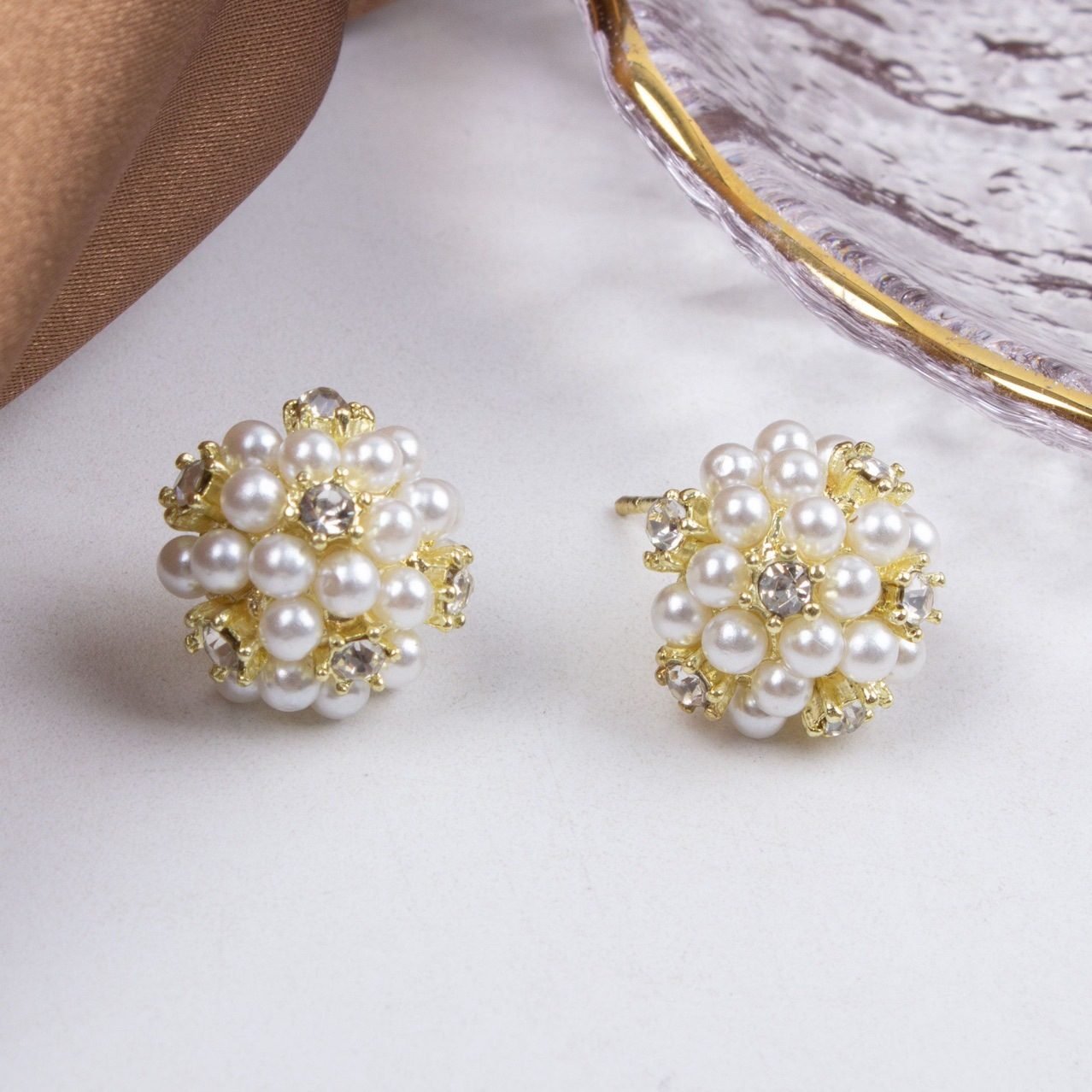 Pearl Crystal Stud Earrings - view 4