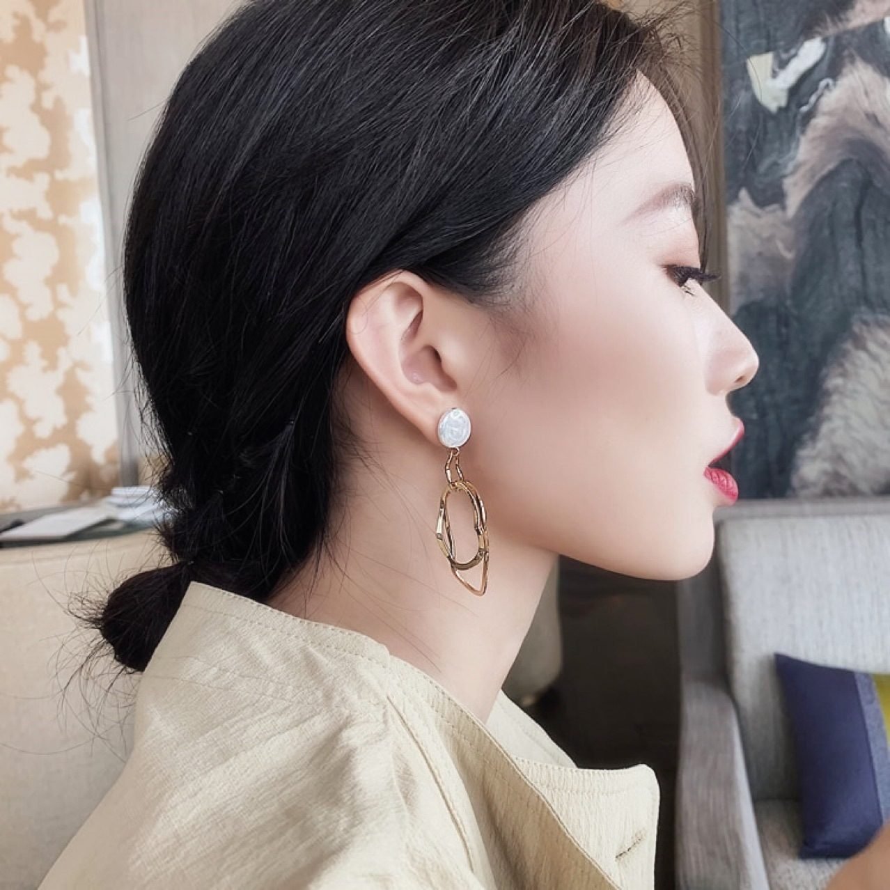 Pearl Sculptural Hoop Earrings - view 4